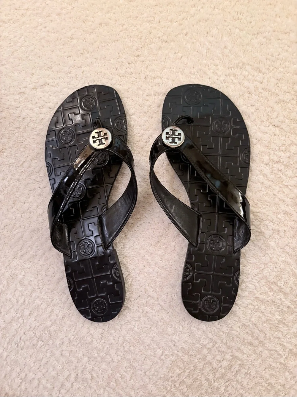 Tory Burch Black Patent Logo Medallion Flip Sandals